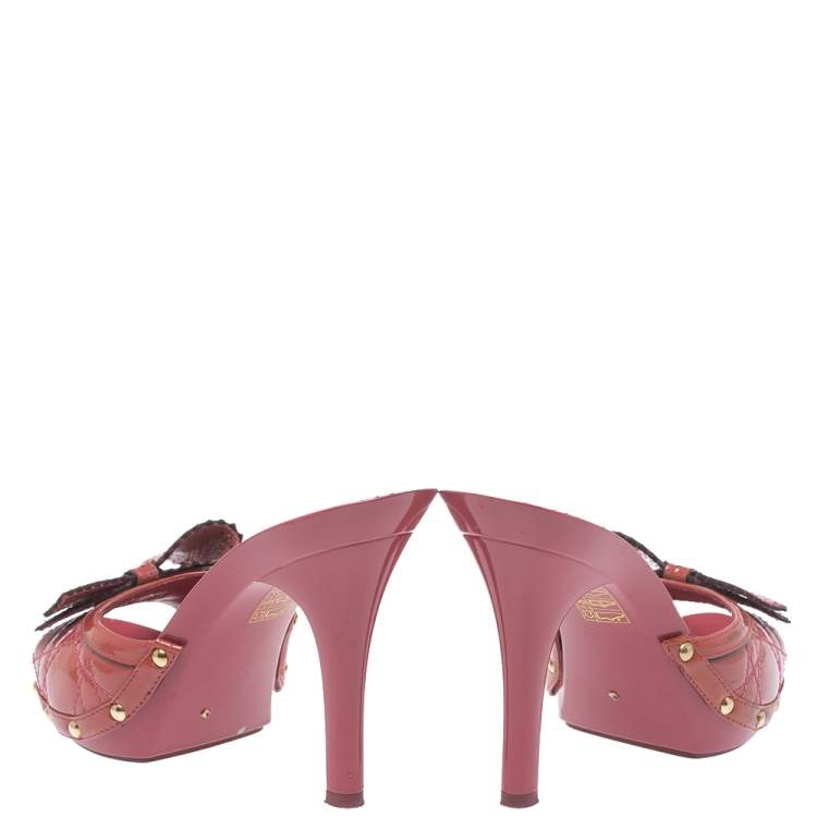 Pre Owned Dior Pink Cannage Patent Leather Bow Slide Sandals Size 38.5