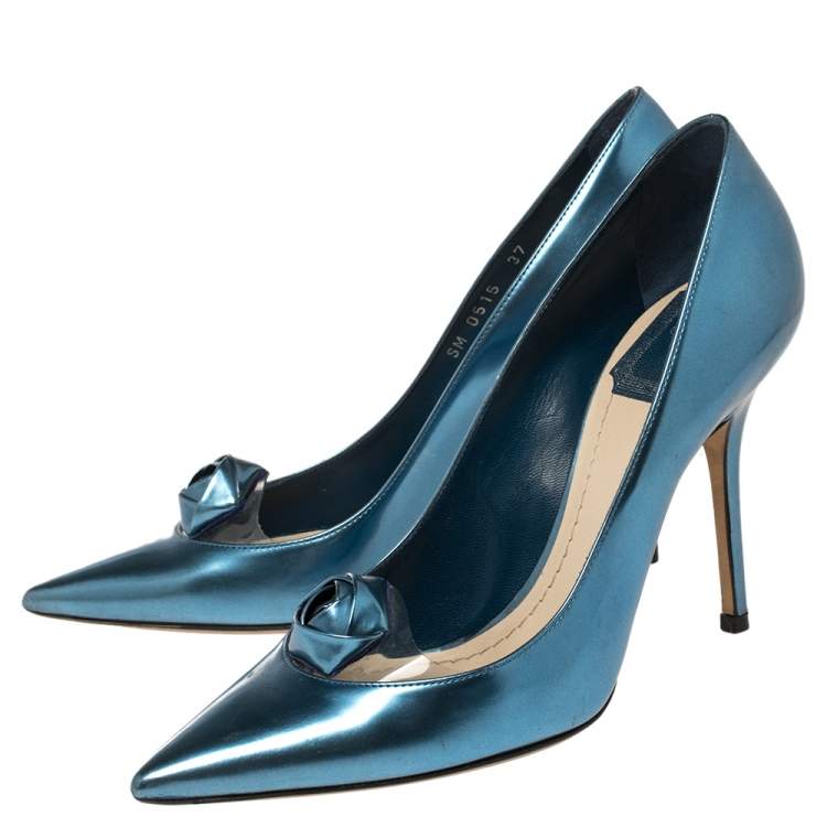 Pre Owned Dior Blue Patent Leather and PVC Rose Pointed Toe Pumps Size 37
