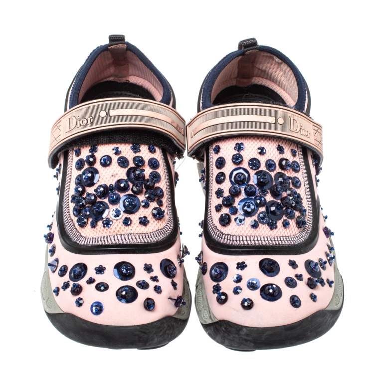 Pre Owned Dior Pink Stretch Fabric Fusion Embellished Low Top Sneakers Size 35