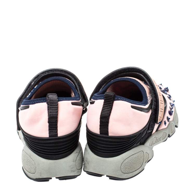 Pre Owned Dior Pink Stretch Fabric Fusion Embellished Low Top Sneakers Size 35