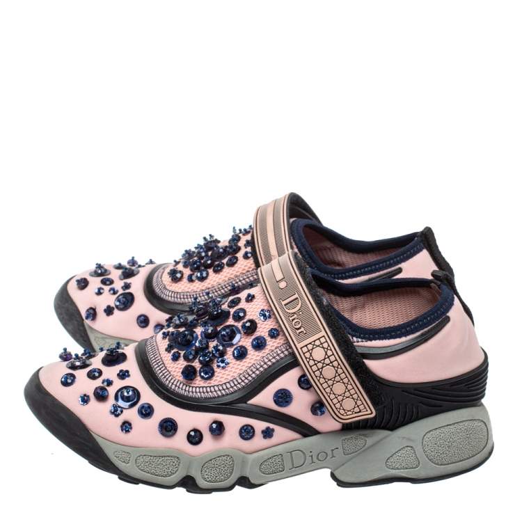 Pre Owned Dior Pink Stretch Fabric Fusion Embellished Low Top Sneakers Size 35