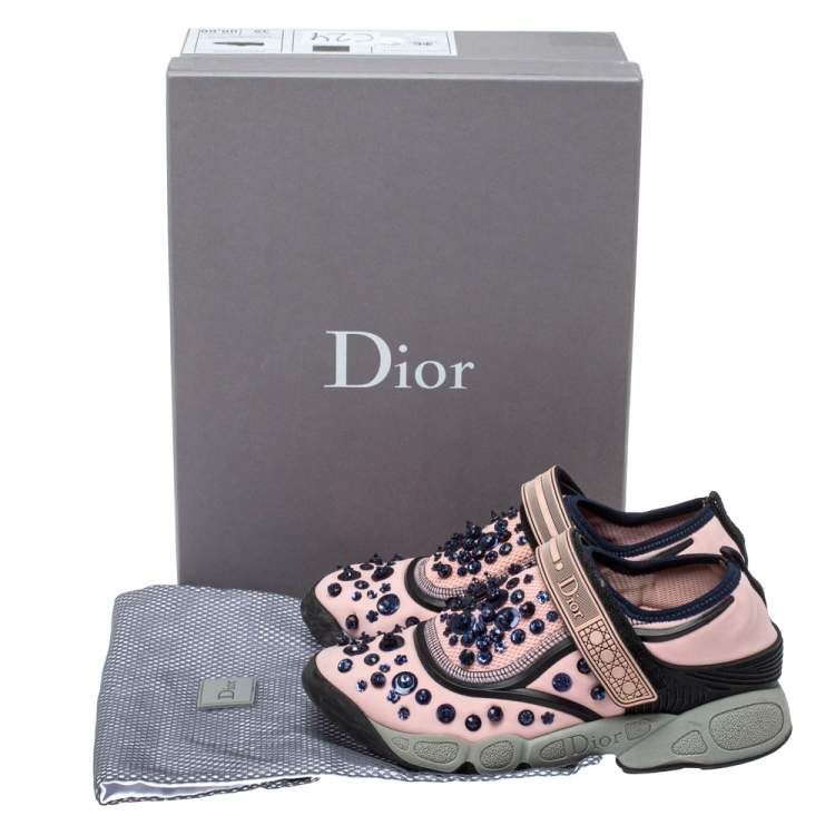 Pre Owned Dior Pink Stretch Fabric Fusion Embellished Low Top Sneakers Size 35