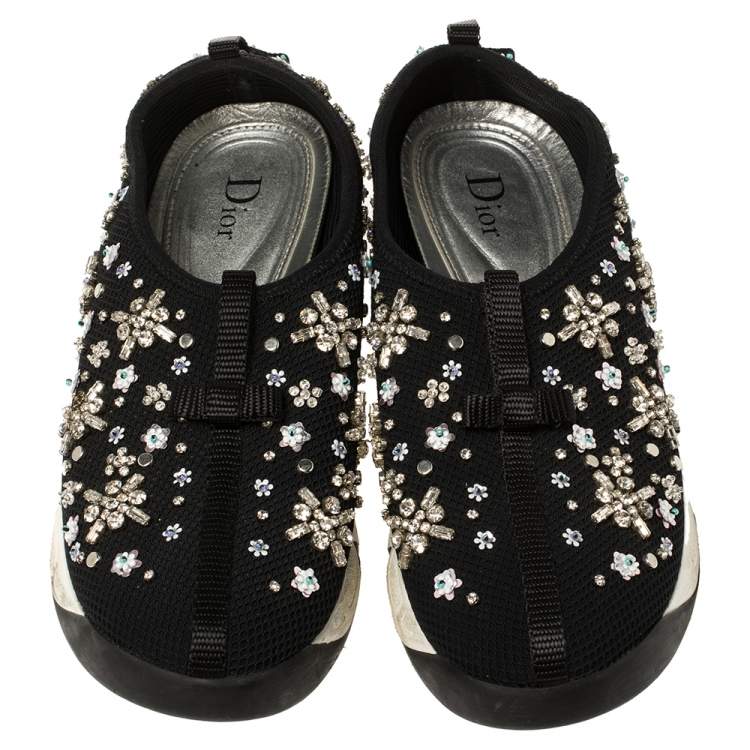 مملوكة مسبقًا Dior Black Mesh Fusion Crystal Embellished Slip On Sneakers Size 37