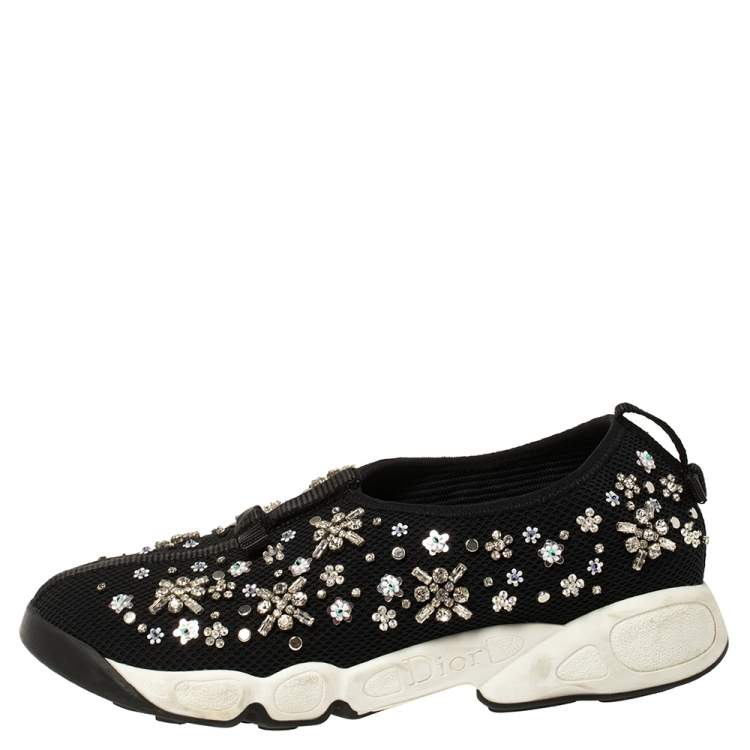 مملوكة مسبقًا Dior Black Mesh Fusion Crystal Embellished Slip On Sneakers Size 37