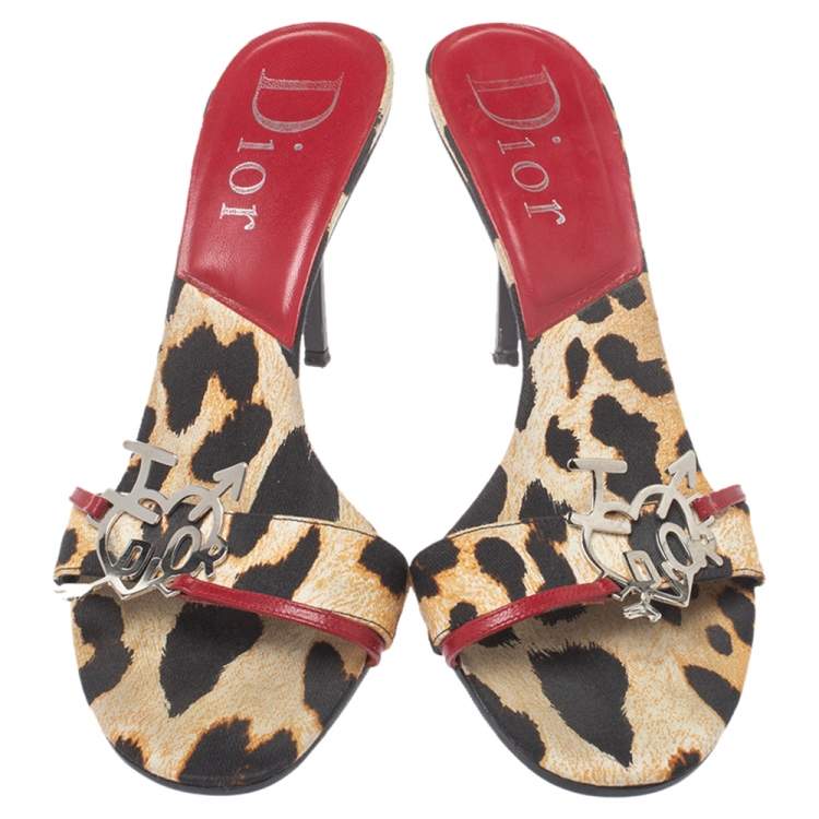 Pre Owned Dior Black/Brown Leopard Print Canvas I love Dior Diva Open Toe Slide Sandals Size 40.5