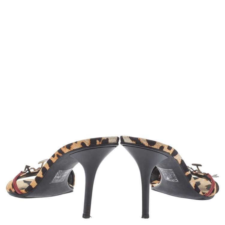 Pre Owned Dior Black/Brown Leopard Print Canvas I love Dior Diva Open Toe Slide Sandals Size 40.5