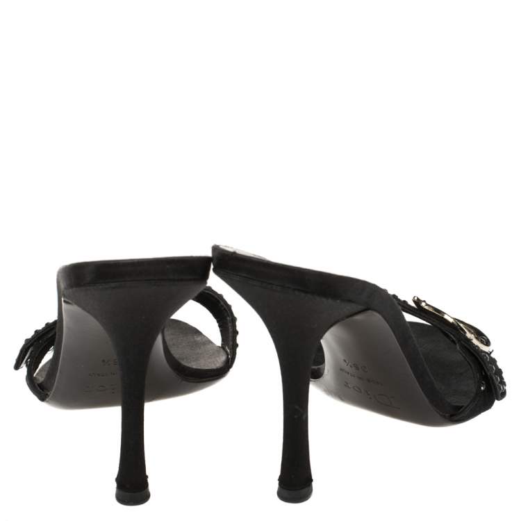Pre Owned Dior Black Suede Crystal Embellished CD Logo Slide Sandals Size 36.5