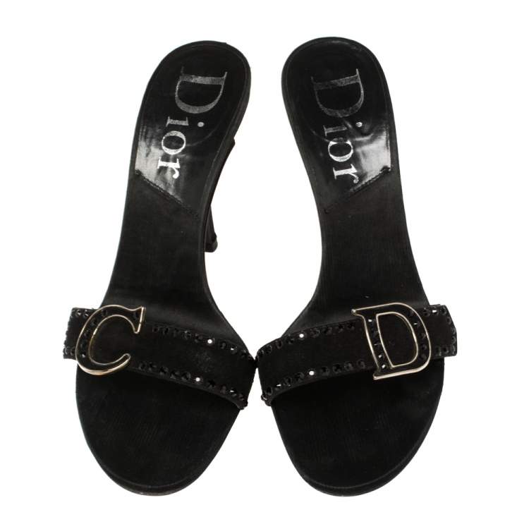 Pre Owned Dior Black Suede Crystal Embellished CD Logo Slide Sandals Size 36.5