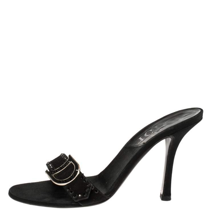 Pre Owned Dior Black Suede Crystal Embellished CD Logo Slide Sandals Size 36.5