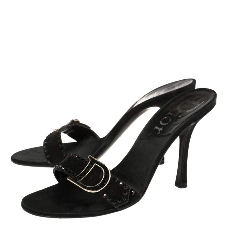 Pre Owned Dior Black Suede Crystal Embellished CD Logo Slide Sandals Size 36.5
