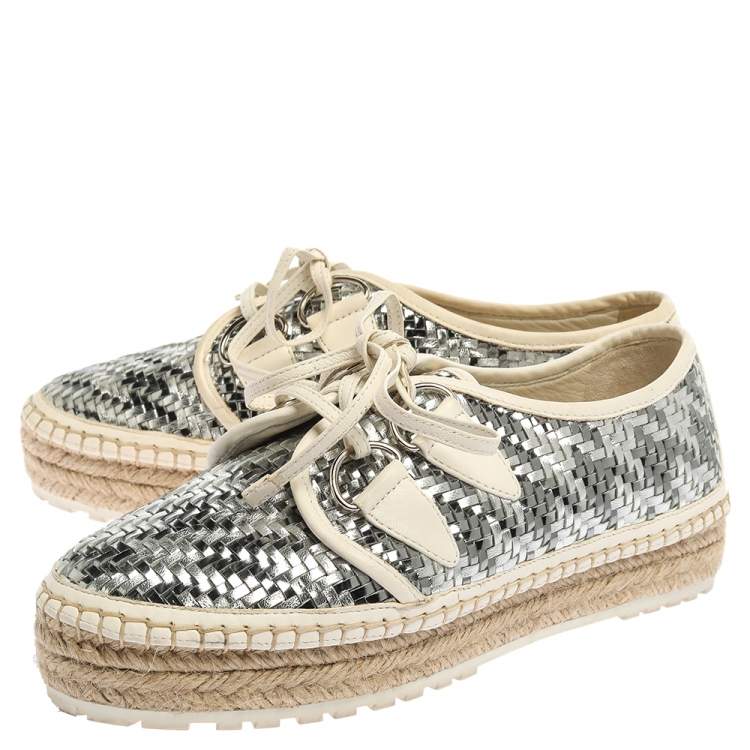 مملوكة مسبقًا Dior Metallic Silver/White Leather Espadrille Lace Up Sneakers Size 37