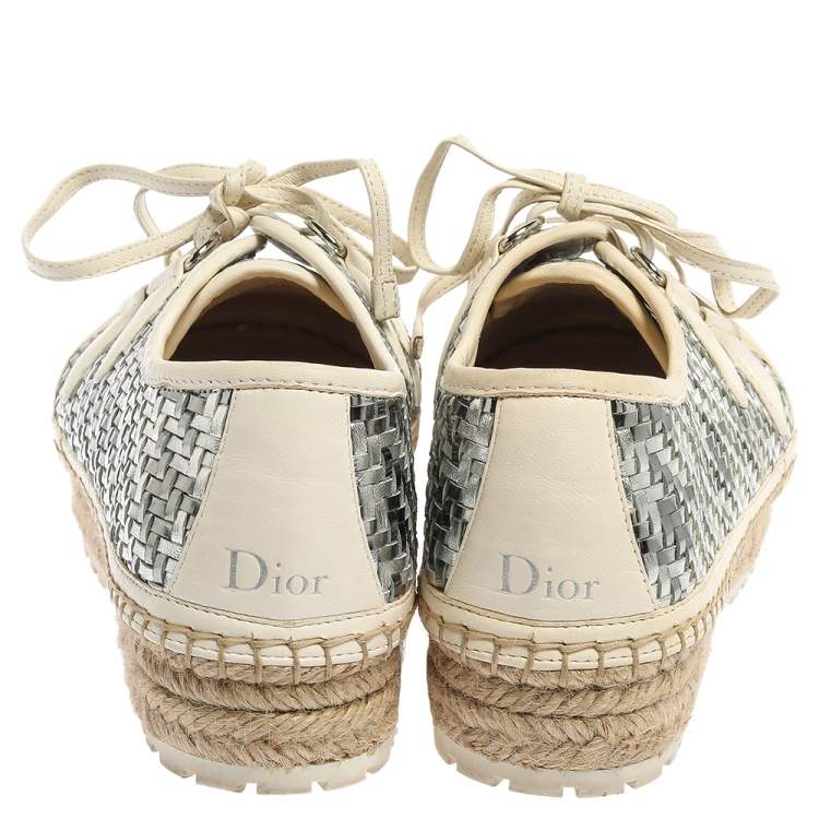 مملوكة مسبقًا Dior Metallic Silver/White Leather Espadrille Lace Up Sneakers Size 37