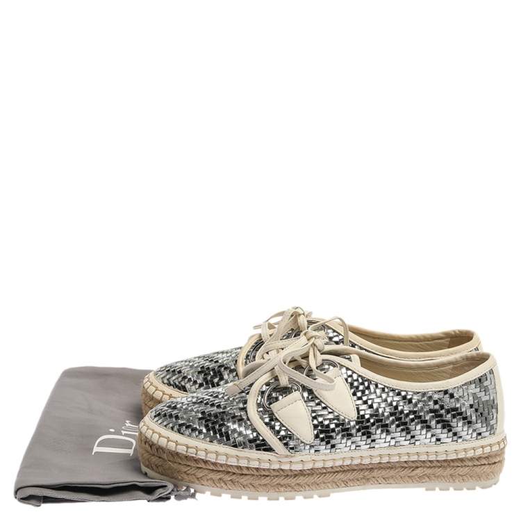 مملوكة مسبقًا Dior Metallic Silver/White Leather Espadrille Lace Up Sneakers Size 37