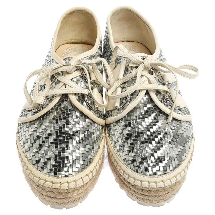 مملوكة مسبقًا Dior Metallic Silver/White Leather Espadrille Lace Up Sneakers Size 37