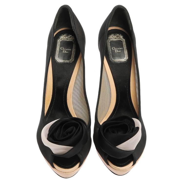 Pre Owned Dior Black/Blush Pink Mesh and Satin Chiffon Flower Peep Toe Platform Pumps Size 40.5