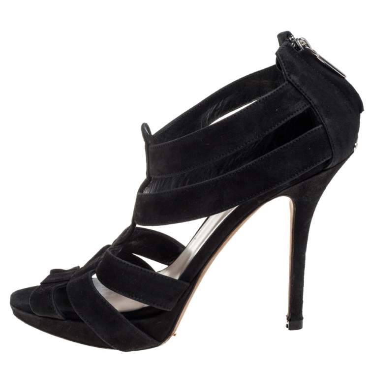 Pre Owned Dior Black Suede Caged Peep Toe Zipper Sandals Size 39