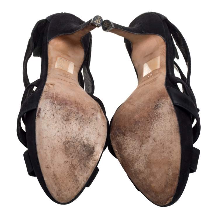 Pre Owned Dior Black Suede Caged Peep Toe Zipper Sandals Size 39