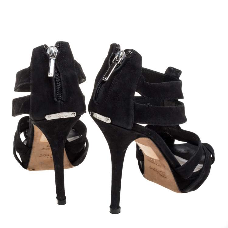 Pre Owned Dior Black Suede Caged Peep Toe Zipper Sandals Size 39