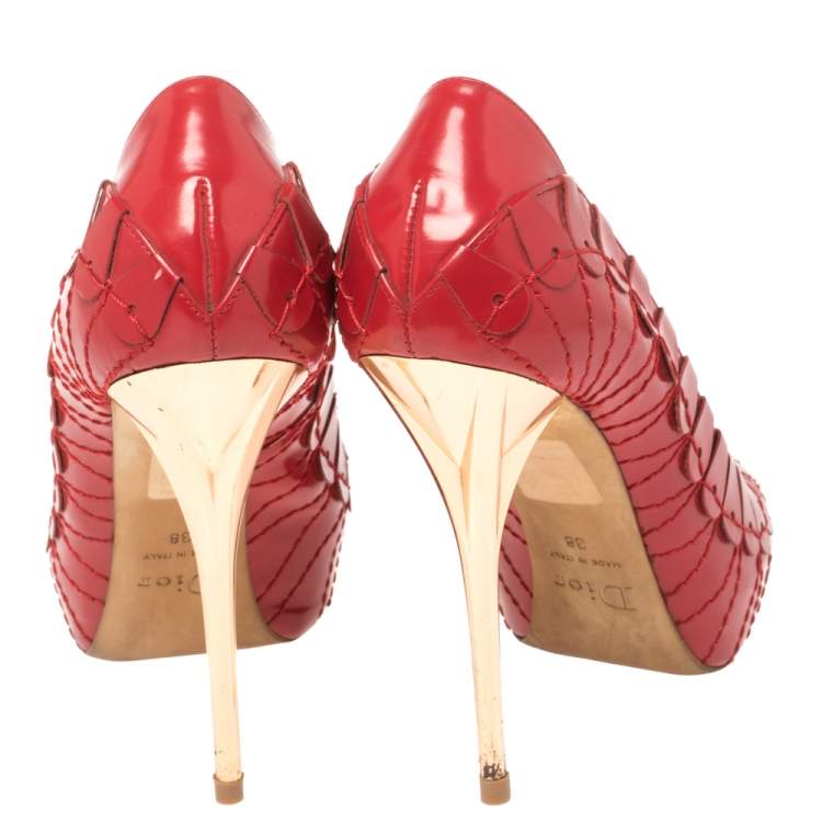Pre Owned Dior Red Embroidered Leather Platform Pumps Size 38