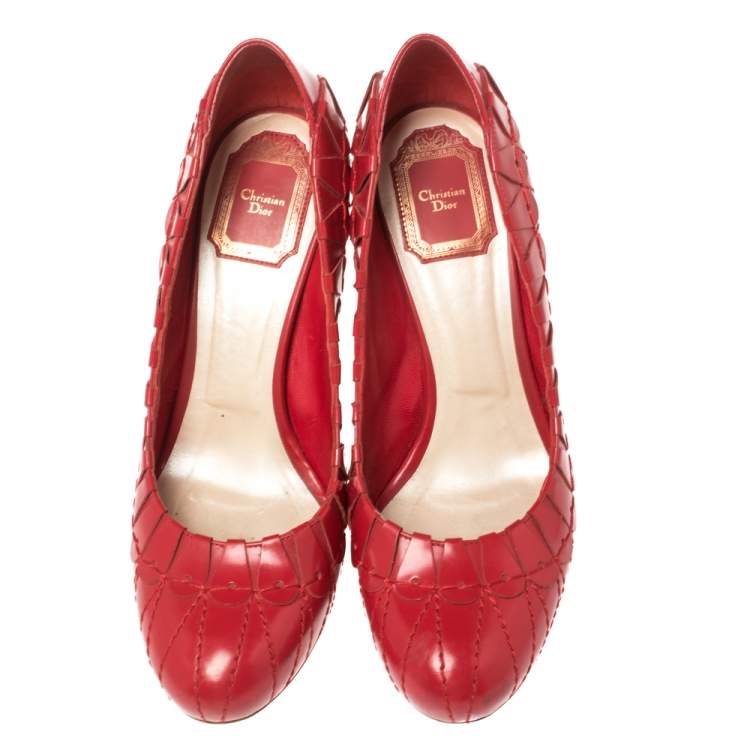 Pre Owned Dior Red Embroidered Leather Platform Pumps Size 38
