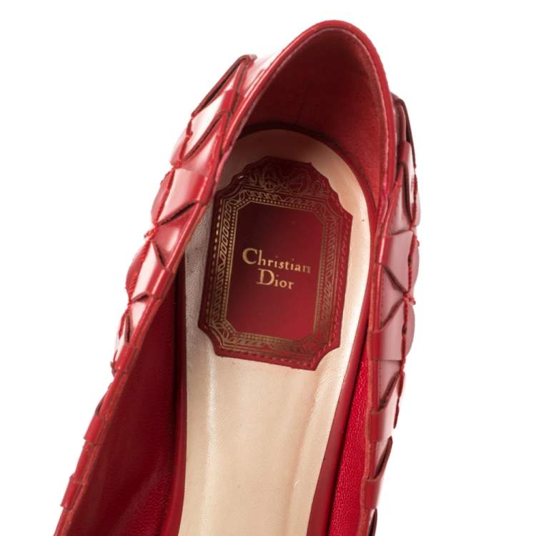 Pre Owned Dior Red Embroidered Leather Platform Pumps Size 38