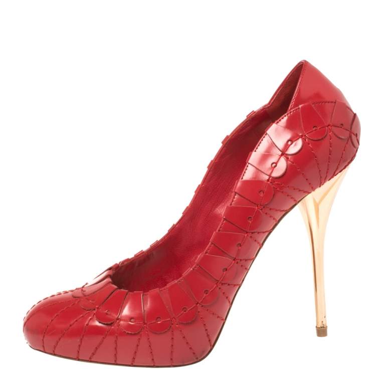 Pre Owned Dior Red Embroidered Leather Platform Pumps Size 38