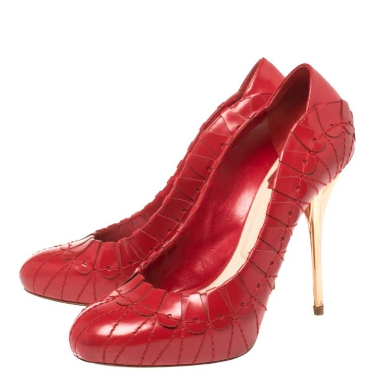 Pre Owned Dior Red Embroidered Leather Platform Pumps Size 38