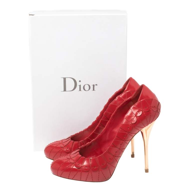 Pre Owned Dior Red Embroidered Leather Platform Pumps Size 38