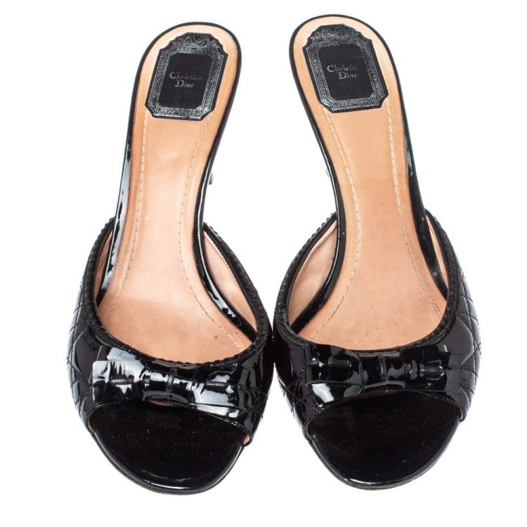 Pre Owned Dior Black Cannage Patent Leather Bow Slide Sandals Size 41