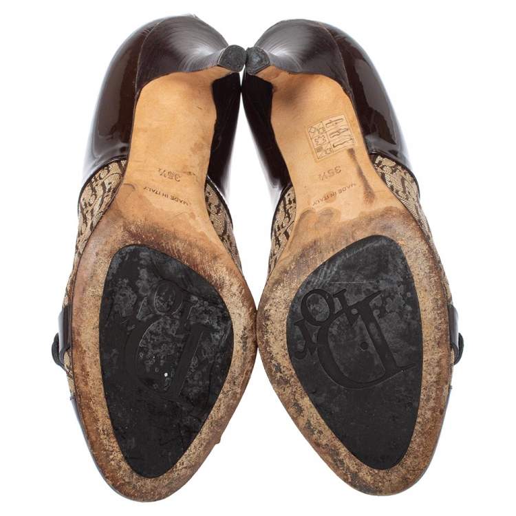 Pre Owned Dior Brown/Beige Patent Leather and Diorissimo Canvas Ankle Booties Size 35.5