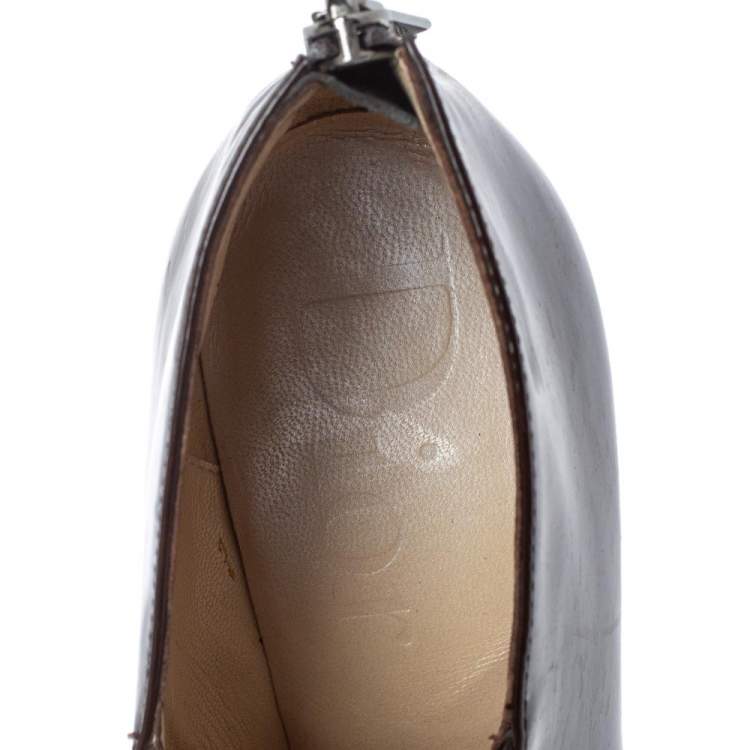 Pre Owned Dior Brown/Beige Patent Leather and Diorissimo Canvas Ankle Booties Size 35.5