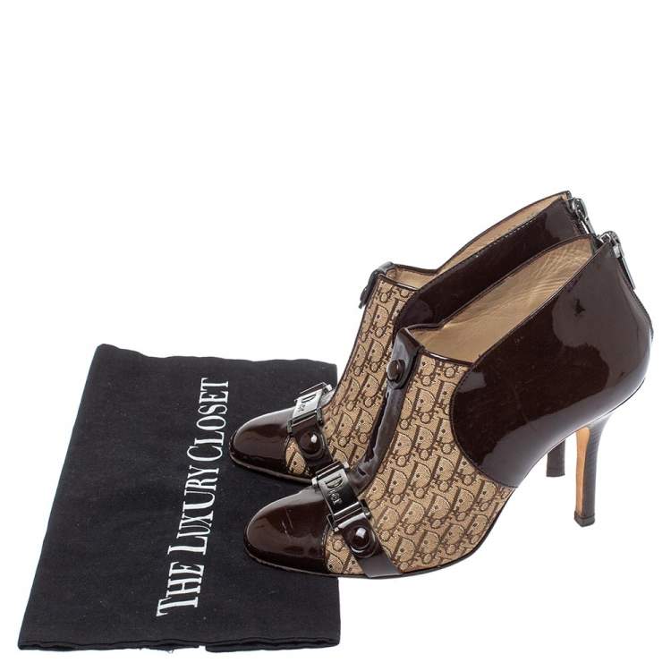 Pre Owned Dior Brown/Beige Patent Leather and Diorissimo Canvas Ankle Booties Size 35.5