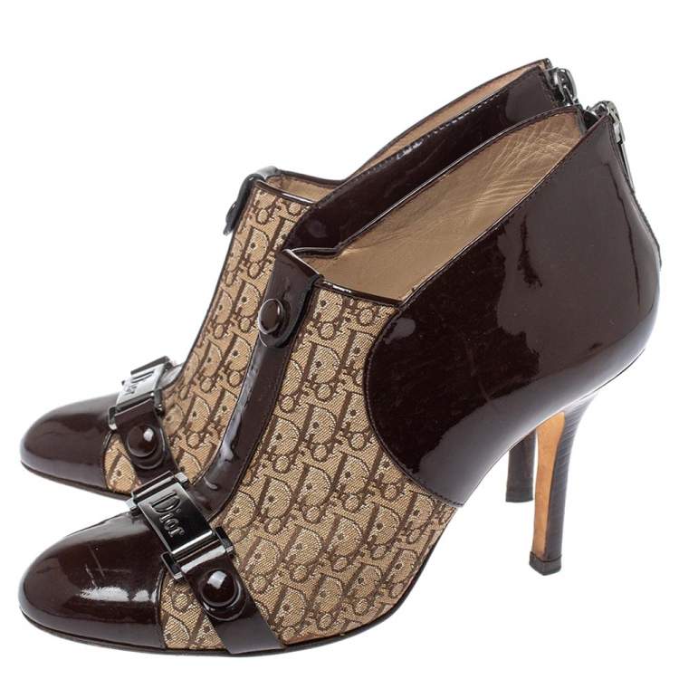 Pre Owned Dior Brown/Beige Patent Leather and Diorissimo Canvas Ankle Booties Size 35.5