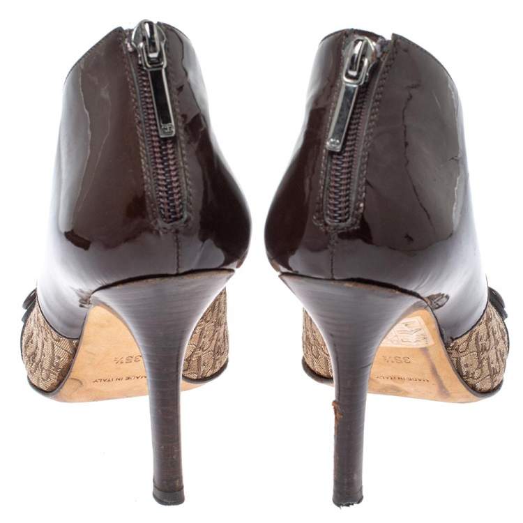 Pre Owned Dior Brown/Beige Patent Leather and Diorissimo Canvas Ankle Booties Size 35.5