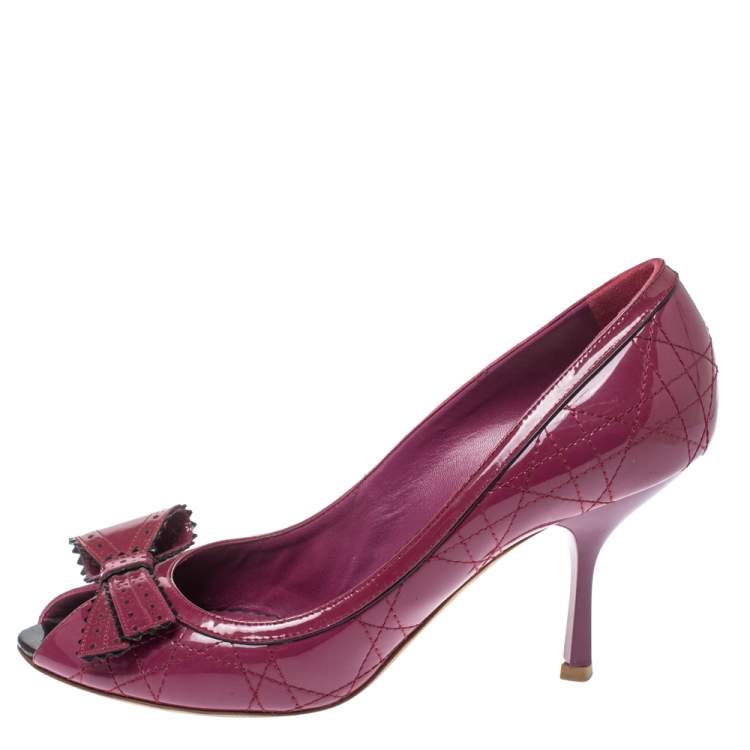 Pre Owned Dior Fuchsia Cannage Patent Leather Bow Peep Toe Pumps Size 40