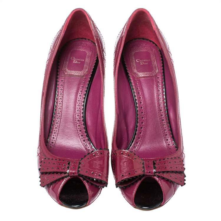 Pre Owned Dior Fuchsia Cannage Patent Leather Bow Peep Toe Pumps Size 40