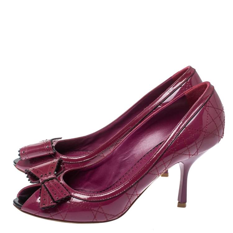 Pre Owned Dior Fuchsia Cannage Patent Leather Bow Peep Toe Pumps Size 40