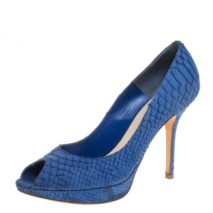 Pre Owned Dior Blue Python Peep Toe Platform Pumps Size 39