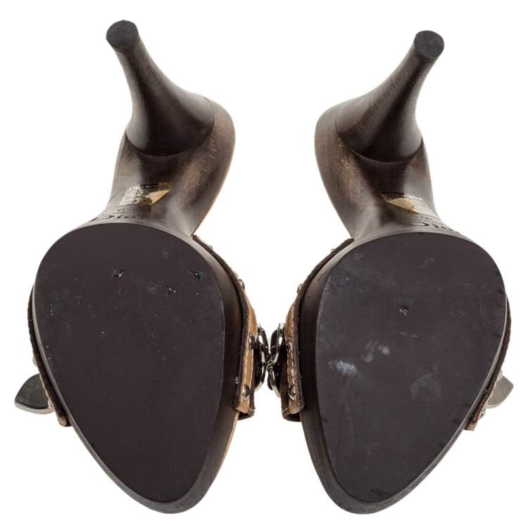 Pre Owned Dior Brown Monogram Canvas And Leather Heart Locket Embellished Slide Sandals Size 37.5