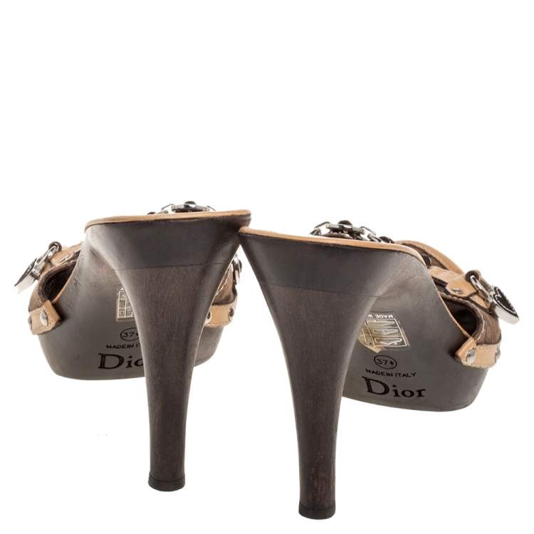 Pre Owned Dior Brown Monogram Canvas And Leather Heart Locket Embellished Slide Sandals Size 37.5