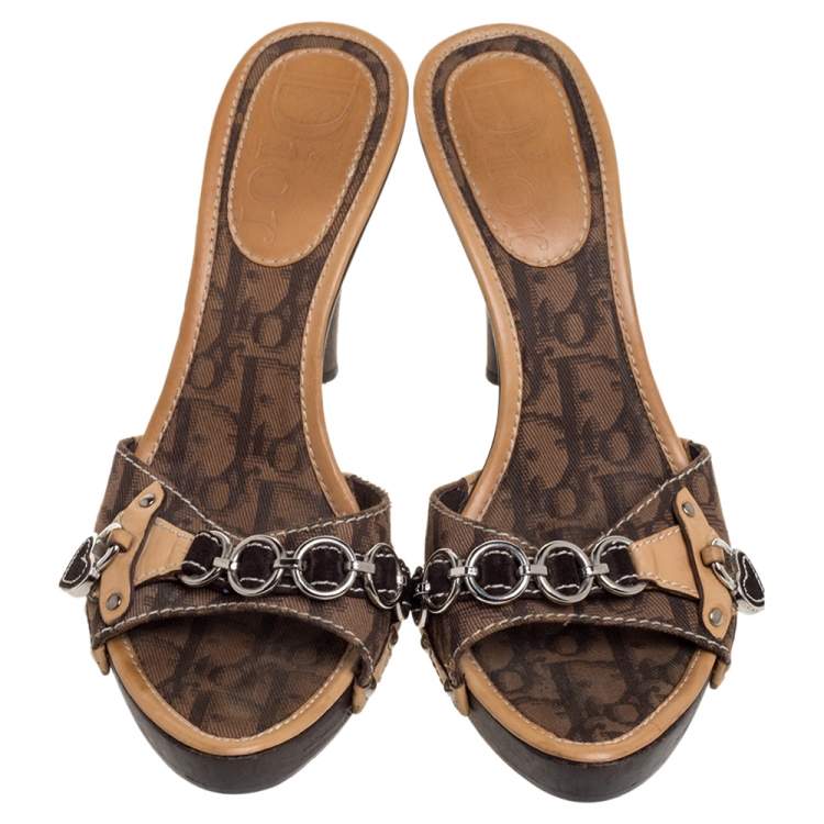 Pre Owned Dior Brown Monogram Canvas And Leather Heart Locket Embellished Slide Sandals Size 37.5