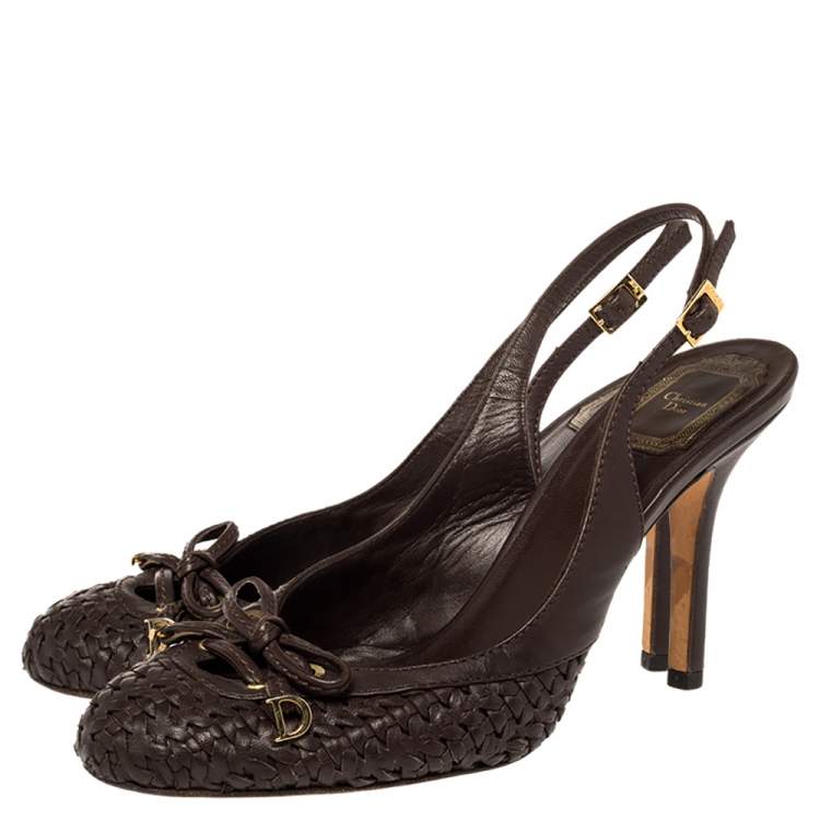 Pre Owned Dior Brown Woven Leather Bow Knot Slingback Sandals Size 38