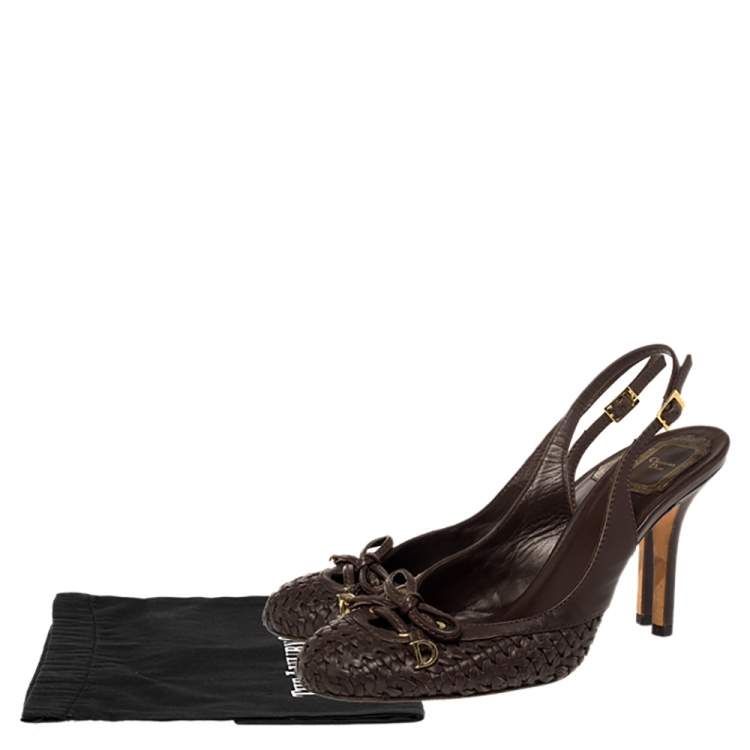 Pre Owned Dior Brown Woven Leather Bow Knot Slingback Sandals Size 38