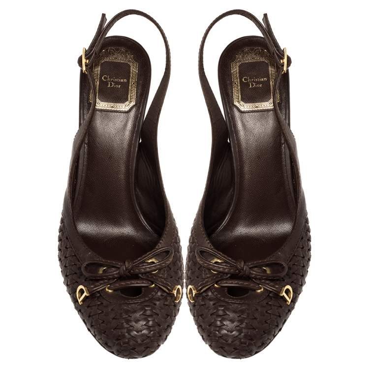 Pre Owned Dior Brown Woven Leather Bow Knot Slingback Sandals Size 38