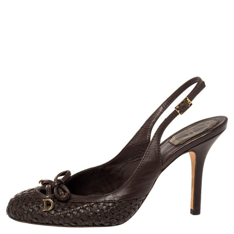 Pre Owned Dior Brown Woven Leather Bow Knot Slingback Sandals Size 38