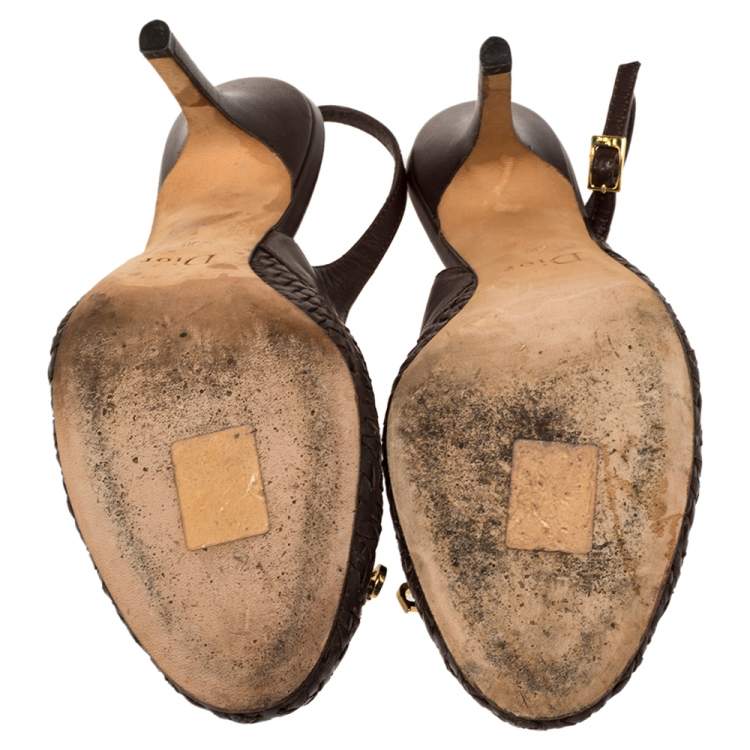Pre Owned Dior Brown Woven Leather Bow Knot Slingback Sandals Size 38