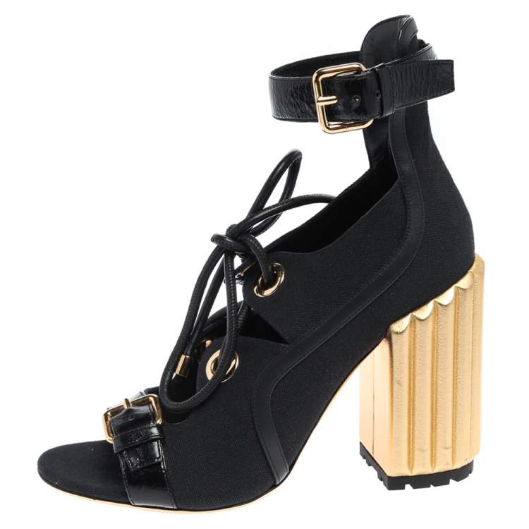 Pre Owned Dior Black Canvas And Leather Trim Glorious Ankle Strap Block Heel Sandals Size 39