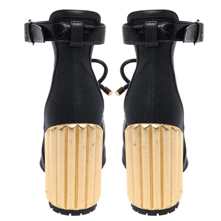 Pre Owned Dior Black Canvas And Leather Trim Glorious Ankle Strap Block Heel Sandals Size 39