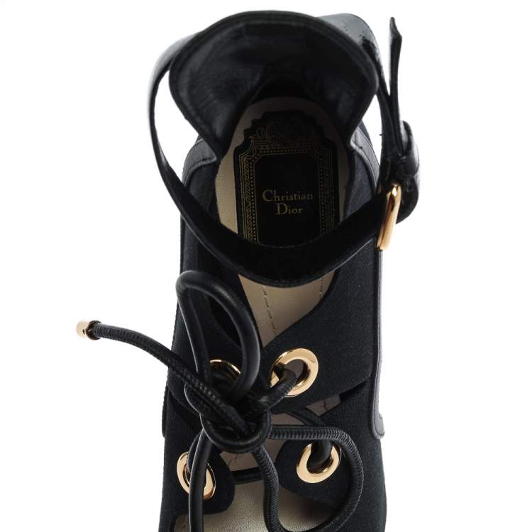 Pre Owned Dior Black Canvas And Leather Trim Glorious Ankle Strap Block Heel Sandals Size 39