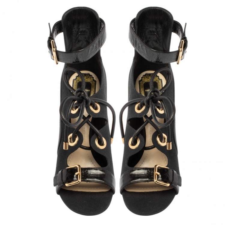 Pre Owned Dior Black Canvas And Leather Trim Glorious Ankle Strap Block Heel Sandals Size 39